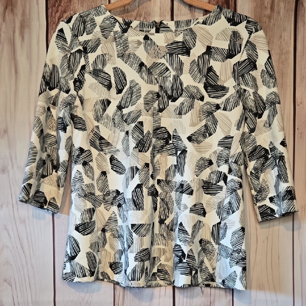 Alfani Black Cream Beige & Navy Geomtetric Print 3/4 Sleeve Blouse Petite Small